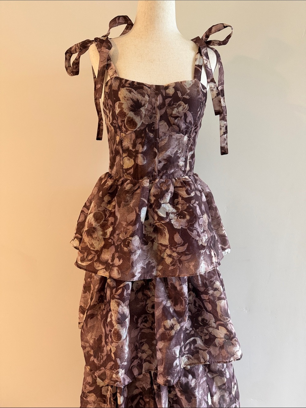 bohme Plum Floral Tiered Maxi Dress with Tie Shoulders